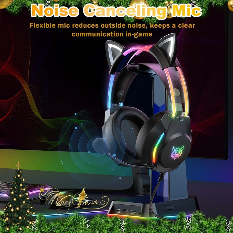 ONITOON Gaming Headset with Microphone, Cat Ear Headphones for PC Laptop PS4 PS5 Xbox Switch, Rainbow RGB Lighting & Virtual Surround Sound, 3.5mm Wired Over Ear Headphones, Ergonomic - Image 4